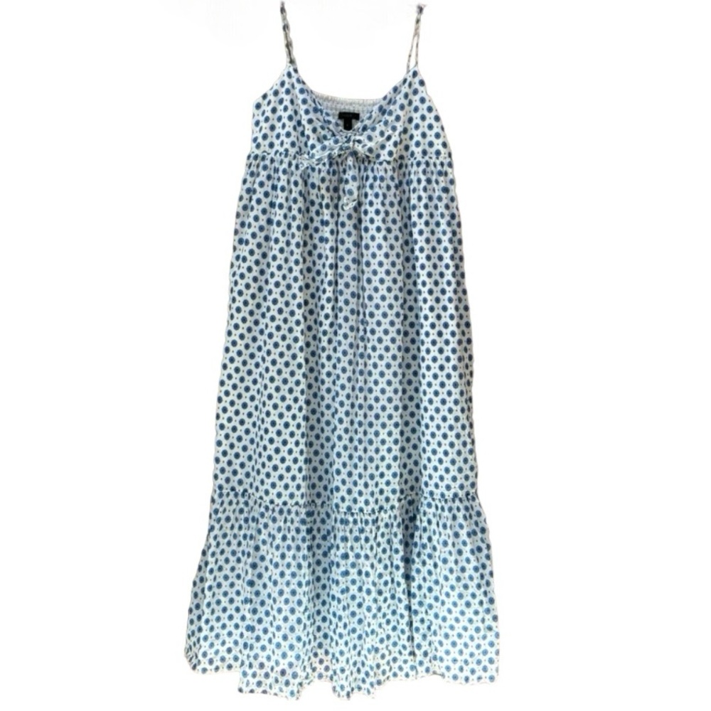 J. Crew Tie Front Tiered Cotton Voile Maxi Beach Dress Size Large White Blue